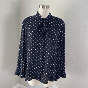 Ann Taylor Womens Large‎ Black Polka Dot Tie Neck Blouse Long Sleeve Shirt Top